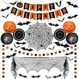 60 Pcs Halloween Decorations Indoor Set, Festive Decor Happy Paper Lanterns & Fans, Fireplace halloween decor, Spiderweb Tab Runner, Banner, Scary 3D Bat Sticker, Halloween Party Spooky.