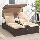 Tangkula Outdoor Rattan Daybed with Canopy & 4-Level Adjustable Backrests, 2-Person Wicker Patio Day Bed with Cushions, Table & Cup Holders, Double Sunbed Lounger for Balcony, Backyard & Poolside