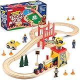 Play22 Wooden Train Set Toddler Toys - 38 Pieces Wood Train Track Set for Toddlers 3-4 Years with Crane, Bridge & Accessories