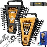 ELEAD 24-Piece Ratcheting Wrench Set, Metric 6-18mm & SAE 1/4"-3/4", 12-Point 72-Tooth CR-V Steel Combination Wrenches with Tool Roll Bag and Magnetic Wrench Organizer for Automotive Repair