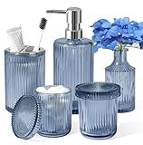 Blue Bathroom Accessories 5 Pcs, Glass Bathroom Accessory Set, Vintage Blue Bathroom Set, Royal Soap Dispenser and Toothbrush Holder Set, Qtip Holder, Small Flower Vase, Modern Bathroom Decor