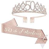 CIEHER 50th Birthday Crown + 50 & Fabulous Sash + Pearl Pin Set, 50th Birthday Gifts for Women Friends 50 Bday Decorations Women