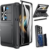 Viaotaily for Galaxy Z Fold 4 Case with S Pen Holder & Card Holder & Hinge Protection, Built-in Screen Protector & Slide Camera Cover, Durable Wallet Phone Case for Samsung Z Fold 4 5G 2022 (Black)
