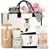 Lepiche Birthday Gifts for Women, Monogrammed Initial Gift for Teacher Wife Mom, Tote Bag,Glass Cup Gift Basket Personalized Christmas Mother's Teacher Appreciation Day,J