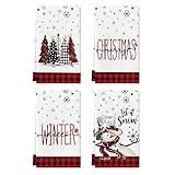 Artoid Mode Red Black Buffalo Plaid Snowman Xmas Trees Christmas Kitchen Towels Dish Towels, 18x26 Inch Daily Seasonal Winter Decoration Hand Towels Set of 4