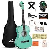ADM Beginner Acoustic Classical Guitar 38 Inch Nylon Strings Wooden Guitar Bundle Kit for Kid Boy Girl Student Youth Guitarra Online Lessons with Gig Bag, Strap, Tuner, Strings, Cyan Green