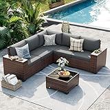 UDPATIO Patio Furniture Set, 8 Inch Armrest Outdoor Sectional Sofa, 6 Piece Wicker Outdoor Furniture Conversation Sets with Waterproof Cover and Coffee Table for Backyard Deck(Brown/Dark Grey)