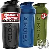 VELOMIX -3 PACK- 18 oz Protein Shaker Bottle for Protein Mixes - 1x Wire Whisk | Leak Proof Shaker Cups for Protein Shakes | Stackable Protein Shaker Bottle Pack | Dishwasher Safe
