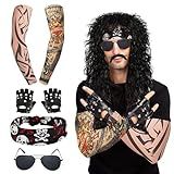 7 Pcs Rocker Costume Men's Wigs Black Curls Disco Men's Party Costume Men with Wigs Sunglasses Beards Sleeves Gloves Headscarves for 70s 80s 90s