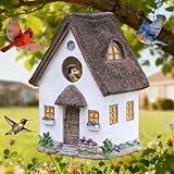 Bird Houses for Outside Rustic Cottage Birdhouse with Thatch Roof – Hand-Painted Resin Birdhouses for Outdoors for Bluebird Finches Cardinals Bird Nesting Garden, Patio, Yard