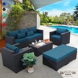 Rattaner Patio Furniture Set 6 Pieces Couch Outdoor Chairs Coffee Table Peacock Blue Anti-Slip Cushions and Waterproof Covers