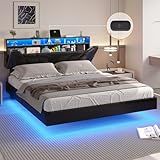 DICTAC Queen Floating Bed Frame with Storage Headboard and LED Lights Queen Size Visual Floating LED Bed Frame with Type-C & USB Port Upholstered Platform Bed with Storage,No Box Spring Needed,Black