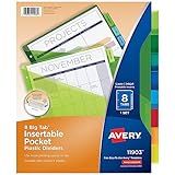 Avery Insertable Plastic Dividers for 3 Ring Binders, 8 Tabs per Set, Big Tabs, Two Pockets, Multicolor Binder Dividers, Works with Sheet Protectors (11903)
