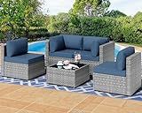 Shintenchi 5 Pieces Outdoor Patio Furniture Sets, Patio Sectional Sofa Couch, Gray PE Wicker Furniture Modular Patio Conversation Sets Patio Sofa with Washable Cushions & Table（Aegean Blue）
