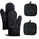XUKOKELY Oven Mitts and Pan Racks 4-Piece Set, Extended Kitchen Oven Mitts and Pan Racks, Heat Resistant 500 °F, Silicone Non-Slip Surface for Baking and Cooking (Black)