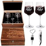 Custom Couples Wine Glasses Set Of 2, Engraved Names Date Hearts, Wood Box