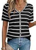 Dokotoo Womens Summer Tops Crochet Knit Short Sleeve Lightweight Cardigan Sweaters for Women Striped Color Block Button Down V Neck Business Casual Blouses Fashion Outfits Clothes 2026 Black Large