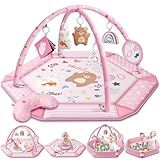 Baby Gym Play Mat, 8-in-1 Tummy Time Mat & Ball Pit with 6 Toys, Washable Baby Activity Mat for Visual, Hearing, Sensory, Motor Development, Babies Gift for Newborn Infant 0-3-6-9-12 Months (Pink)