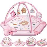 Baby Gym Play Mat, 8-in-1 Tummy Time Mat & Ball Pit with 6 Toys, Washable Baby Activity Mat for Visual, Hearing, Sensory, Motor Development, Babies Gift for Newborn Infant 0-3-6-9-12 Months (Pink)