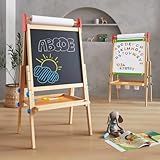 Tiny Land Easel for Kids with 2 Drawing Paper Roll, Adjustable Kids Art Easel, Learning-Toy for 3,4,5,6,7,8 Years Old Boy & Girls, Wooden Chalkboard & Magnetic Whiteboard & Painting Paper Stand