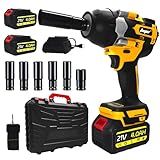 Cordless 1/2 Inch Impact Wrench,1000 N.m(740 Ft-lbs) Brushless High Torque Electric Impact Gun, 3300RPM Power Impact Driver, 2x 4.0AH Li-ion Battery,Charger & 6Pcs Sockets for Car Home DIY Furniture