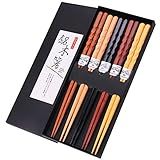 GLAMFIELDS Reusable Chopsticks Japanese Natural Wooden 5 Pairs Classic Style Lightweight Hand-Carved Safe Chop Sticks 8.8 Inch/22.5cm Gift Set