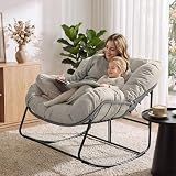 Bifanuo Oversized Egg Rocking Chair for Indoor Outdoor – All-Weather Wicker Rattan Lounge Chair with Cushion Patio Rocker for Porch Garden or Balcony (Beige)