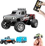 2026 Upgrade Mini RC Car, 1/64 Scale Mini Remote Control Monster Truck with Trailer, 2.4Ghz & APP Remote Control, Rechargeable Alloy Shell Mini RC Cars with Lights, Gifts for Christamas (Gray)
