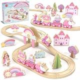 Lehoo Castle Wooden Train Set for Girls, Pink Unicorn Train Set