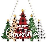 Wooden Christmas Tree Door Wreath for Front Door Sign Wall Signs, Merry Christmas Sign Black White Buffalo Plaid Welcome Hanging for Home Wall Decor Xmas Party Outdoor Indoor Supply