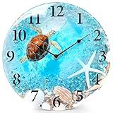 Coastal Nautical Glass Wall Clock with Seashell Design and Turtle Beach Theme - Battery Operated Silent Wall Decor for Home, Kitchen, Living Room, Office, Bedroom, or Bathroom (12 Inch,Blue)