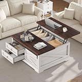 Itaar 39.4'' Lift Top Coffee Table with Storage, Farmhouse Coffee Tables for Living Room, Square Coffee Table with Large Hidden Compartment & 2 Drawers & Adjustable Shelves, Vintage White+Walnut