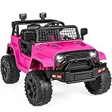 Best Choice Products 12V Kids Ride On Truck Car w/Parent Remote Control, Spring Suspension, LED Lights, AUX Port - Hot Pink