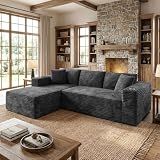 Shintenchi 103" Boneless Couches for Living Room with 2 Cup Holders,L Shaped Modular Sectional Sofa Set,No Assembly Needed Plush Corduroy Living Room Set,Dark Gray