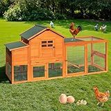 WHEGETED Large Wooden Chicken Coop Outdoor Duck House & 2 Wooden Eggs Run Cage Nesting Box Waterproof Asphalt Roof Ramp Removable Tray Wire Fence Poultry Pet Hutch for Backyard Small Animal 79" Orange