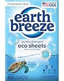 Earth Breeze Laundry Detergent Sheets Fragrance-Free - 60 Loads Eco Liquidless Soap - Travel-Friendly for Hot & Cold Cycles, Tackles Tough Stains & Odors - Gentle on Sensitive Skin, 30 Ct