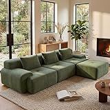 GRUSIGN 108'' Modular Sectional Boneless Couch, Tufted Cloud Sectional Couches for Living Room, L Shape Deep Seat Sofa with Ottoman & 3 Throw Pillows,Corduroy Oversized Couch,Green