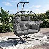 Bifanuo Double Hanging Egg Chair with Stand, Outdoor Indoor Swing Chair with Removable Cushion for 2 Person, Heavy Duty 700LBS Capacity for Patio, Bedroom, Garden (Black-Grey)