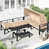 AECOJOY Patio Daybed with Retractable Canopy&2 Adjustable Backrests, Outdoor Daybed Metal Furniture Set with Coffee Table, 4 Piece Modern Sectional Conversation Sofa Couch, Beige