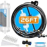 Misting System with Water Filter - Upgraded Signice 26 Ft (8M) Line & 7 Brass Mist Nozzles Outdoor Misters for Patio Cooling Mister Systems Kit for Outside Garden Backyard Greenhouse (Black)