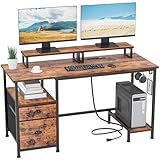 Furologee 47" Computer Desk with File Cabinet and Power Outlets, Home Office Desk with 2 Monitor Stands and Storage Drawer, Writing Gaming Table with Shelves and 2 Hooks for Bedroom, Rustic Brown