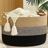 KAKAMAY Large Blanket Basket (20"x13"),Woven Rope Baskets for storage Baby Laundry Hamper, Cotton Rope Blanket Basket for Living Room, Laundry, Nursery, Pillows,Baby Toy chest (Jute/Black)