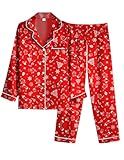 Ekouaer Women Satin Pajamas Set Classic Button Down Long Silk Pjs Set,Small,Red Chirstmas Pattern