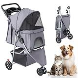 KMFurnila 3 Wheel Pet Stroller for Dogs and Cats, Foldable, Lightweight and Durable, Ideal for Small to Medium Pets, Includes Storage Basket and Cup Holders