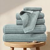 BIOWEAVES 100% Organic Cotton 6-Piece Luxury Bathroom Ribbed Towel Set GOTS Certified 700 GSM, 2 Bath Towel, 2 Hand Towel & 2 Wash Cloths - ICY Fjord