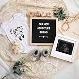 Canlierr 9 Pcs Pregnancy Announcement Set Pregnancy Reveal Ideas Felt Letter Board Baby Bodysuit Booties Photo Frame Bear Plush Wood Blocks for Coming Soon Baby Announcement(Black)