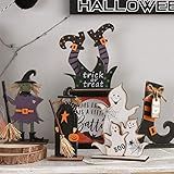 SY Super Bang 5pcs Halloween Wooden Decorations, Halloween Tabletop Centerpiece Craft Decor Including Witch/Ghost/Shoes Decor for Home, Indoor, Holiday, Party Supplies, Kid's Gift.