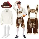 Spooktacular Creations Halloween Men Oktoberfest Costume Set, Lederhosen Men with German Bavarian Hat, Beer Costume, Adults Halloween Brown Outfit for Beer Festival Party (Large)