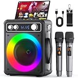 VOSOCO Karaoke Machine, Portable Bluetooth Karaoke Speaker with 2 Wireless Microphones, PA System for Adults Kids with LED Lights, Supports REC/FM/AUX/USB/TF for Home Party