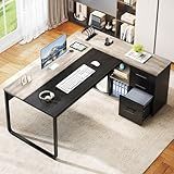 DWVO 71" Executive Desk with Power Outlets, L Shaped Executive Desk with File Cabinet, Computer Desk with Drawers & Storage Shelves, Corner Office Desk with Bookshelf for Home Office, Grey & Black